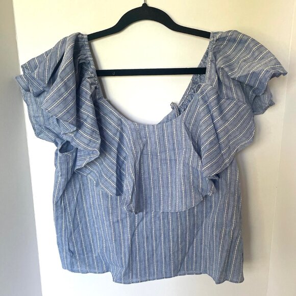 MISA Los Angeles Marina Top Womens L Blue Stripe Cotton Ruffle Cold Shoulder - Picture 4 of 9